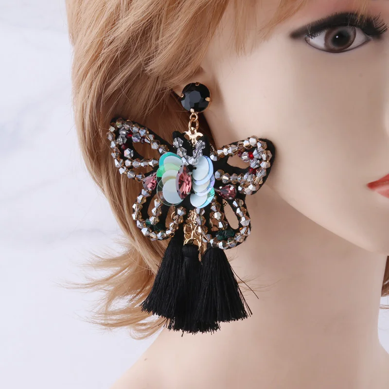 NeeFu WoFu Rhinestone Earrings Tassel Crystal Big Butterfly Earring Large Long Brinco Ear Accessories Oorbellen Christmas Gift | Украшения