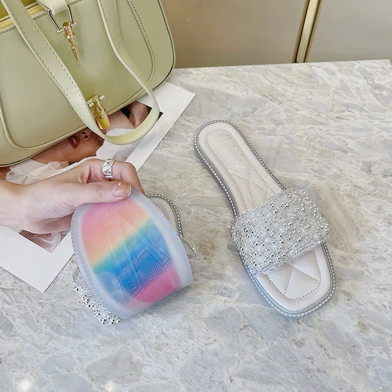 

Shoes Woman 2021 Slippers Flat String Bead Pantofle Luxury Slides New Designer Rubber PU Fashion Fabric Basic String Bead Shoes