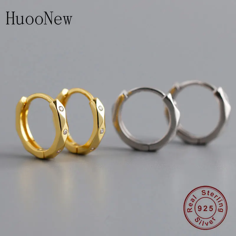 

925 Sterling Silver Gold Color Round Circle Faceted Huggies Hoop Earring Pendientes Oorbellen Brinco Boucle D'oreille For Women