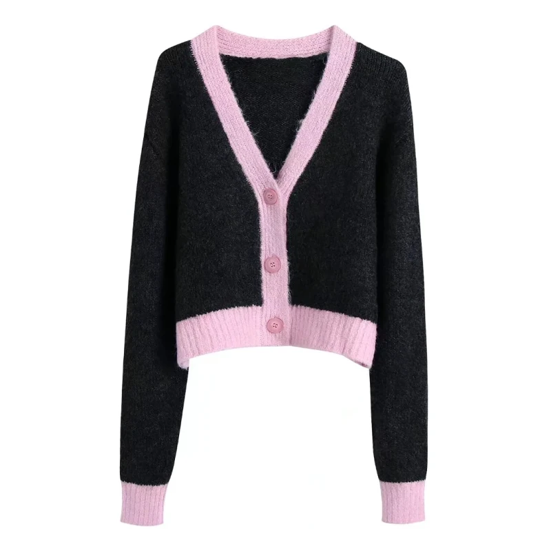 

SLMD Women Fashion Chic Patchwork Cropped Knitted Cardigans Female 2 Buttons Long Sleeve Sweater Coat Ladies Casual Tops