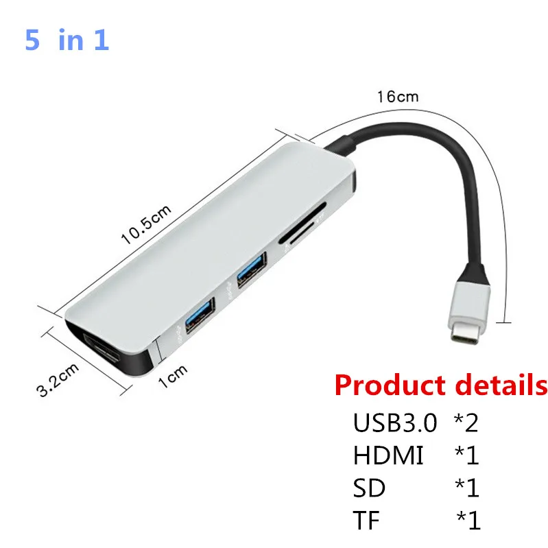 5-в-1 Mosible USB 3,0 для HDMI для телефона MacBook Pro Air HDMI 4K HD разъем с 3 портами(стандарт C ступицы колеса и концентратор 3,0 TF Card Reader слот PD - Цвет: Silver