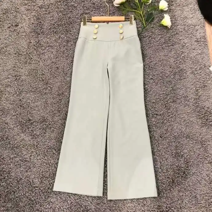 

Fashion 2021 Autumn Blazer Sets High Quality Women Notched Collar Single Breasted Coat Jacket+Golden Button Wide Leg Pant Sets