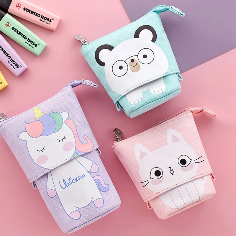 

Retractable Pencil Case Standing Storage Bag Folding Pen Holder Cute Cat Bear School Supplies Stationery Storage