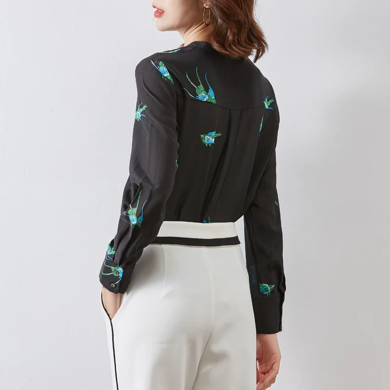 Женские рубашки из натурального шелка с длинным рукавом и V образным вырезом