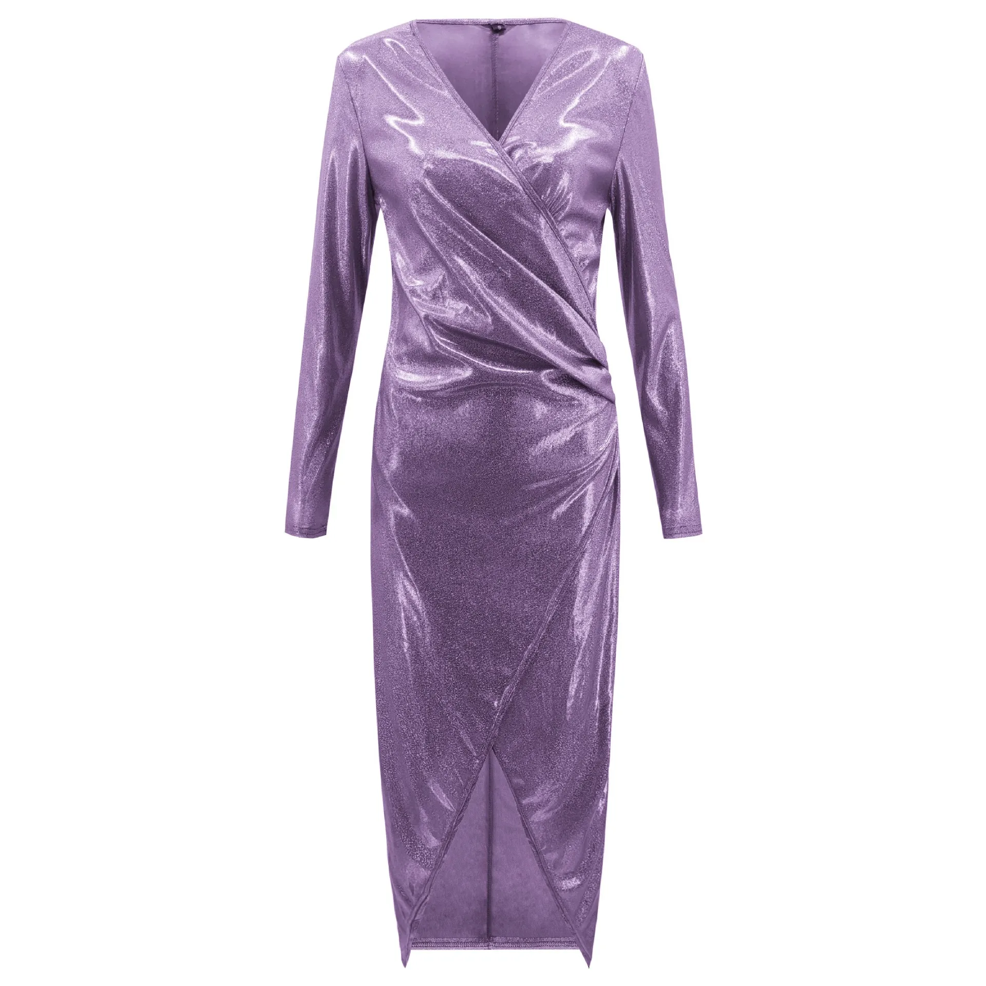 Ladies sexy deep v-neck ruched long sheath dress fashion party the glossy chic side high slit evening | Женская одежда