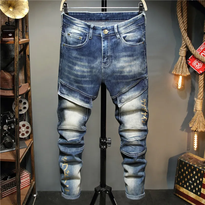

Новые европейские и американские мужские эластичные джинсы с маленькими штанинами синие брюки с несколькими карманами модные комбинирова...