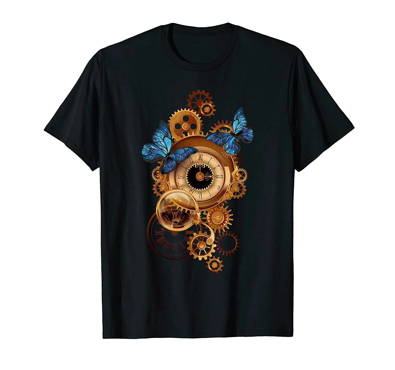 

Steampunk Clock Gear and Butterflies Vintage Retro Aesthetic T-Shirt Men Cotton Tshirt Tees Tops Anime Harajuku Streetwear