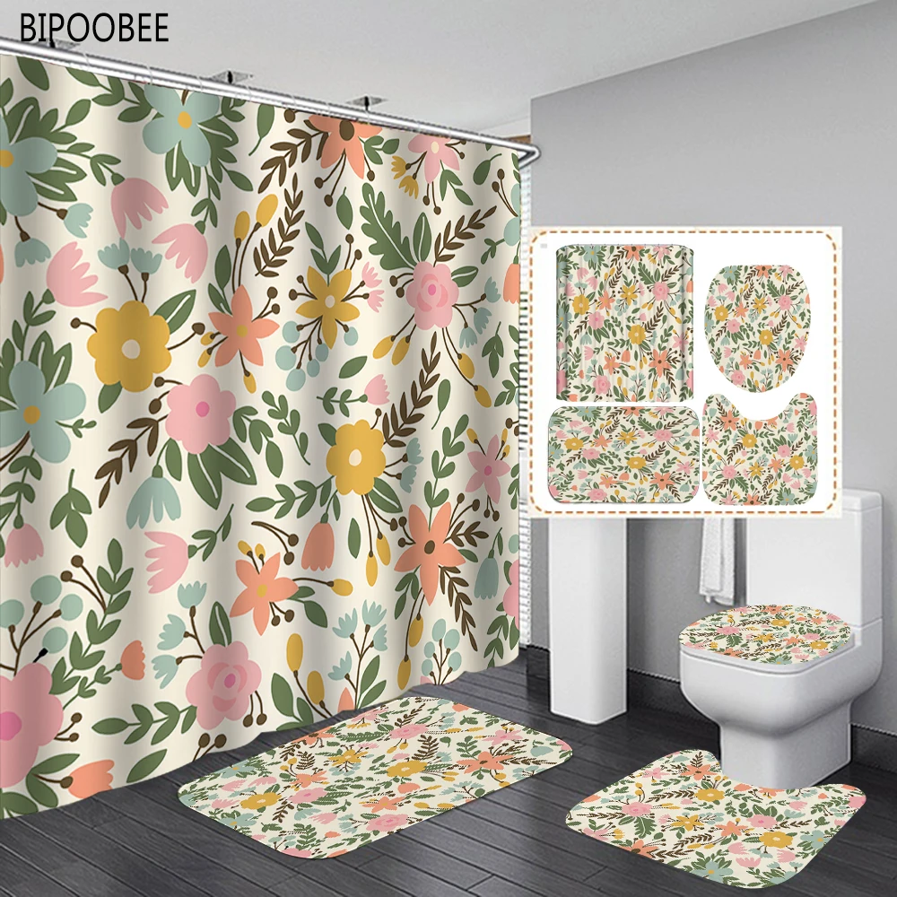 

Colored Flowers Fabric Shower Curtains for Bathroom Curtain Set with Hooks Pedestal Toilet Cover Non-slip Rug Bath Mats Rugs
