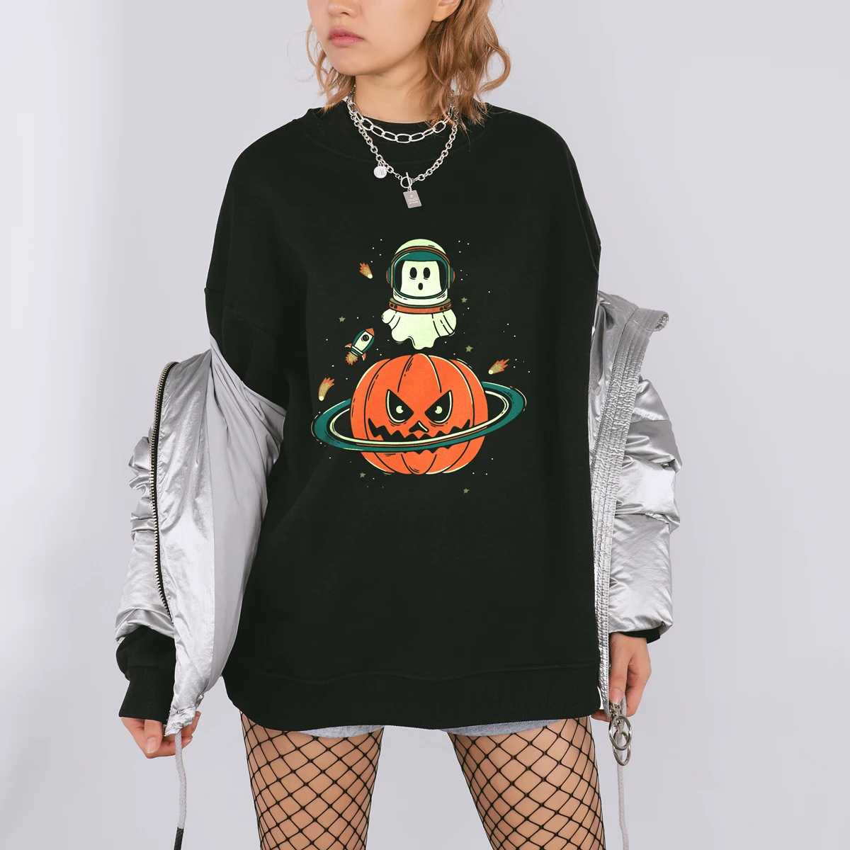 

Easycosy Men Women Funny Pumkin Print Crewneck Halloween Sweatshirts Oversized Streetwear Drop-shoulder Pullover Top Shirt