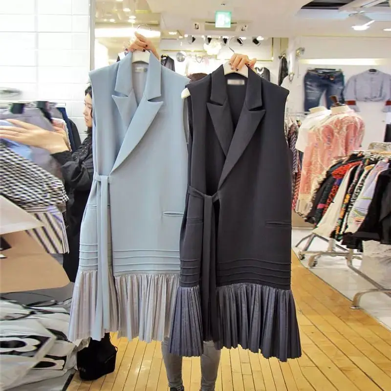 

Elegant Blazer Vest Coats Women Clothing 2023 Spring Summer New Korean Pleated Sleeveles Jackets Female Waistcoat aq114