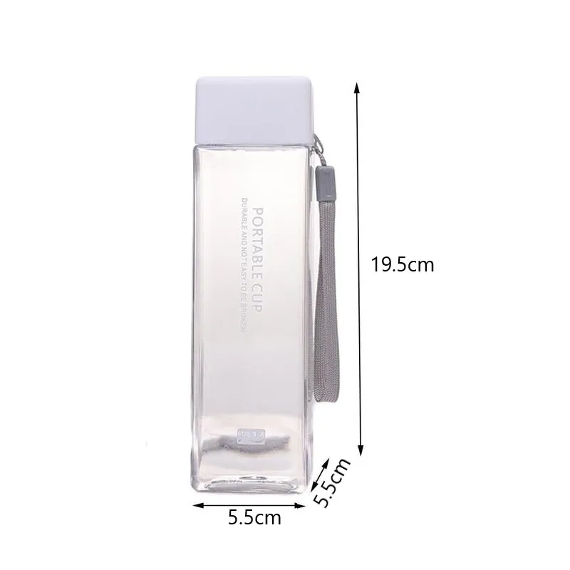 

1PC Transparent Square Water CupPlastic Portable Frosted With Rope Sports Cup Leakproof High Temperature Water Bottle 500ml