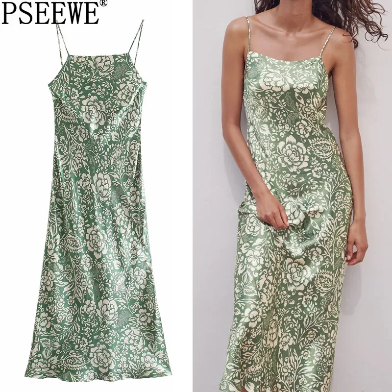 Платье PSEEWE Za женское длинное с цветочным принтом зеленое вечерние тное вечернее