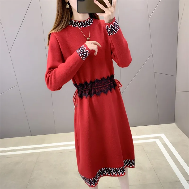

Women's Dress Autumn Winter New Long Sleeve A-line Lace Overcoat Knitted Dress Drawstring Elegant Lady Bottomed Sweater Vestidos