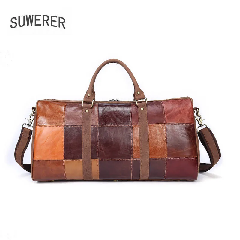 

SUWERER Genuine Leather men bag Stitched leather travel bag brand large capacity real cowhide travel bag luggage bag