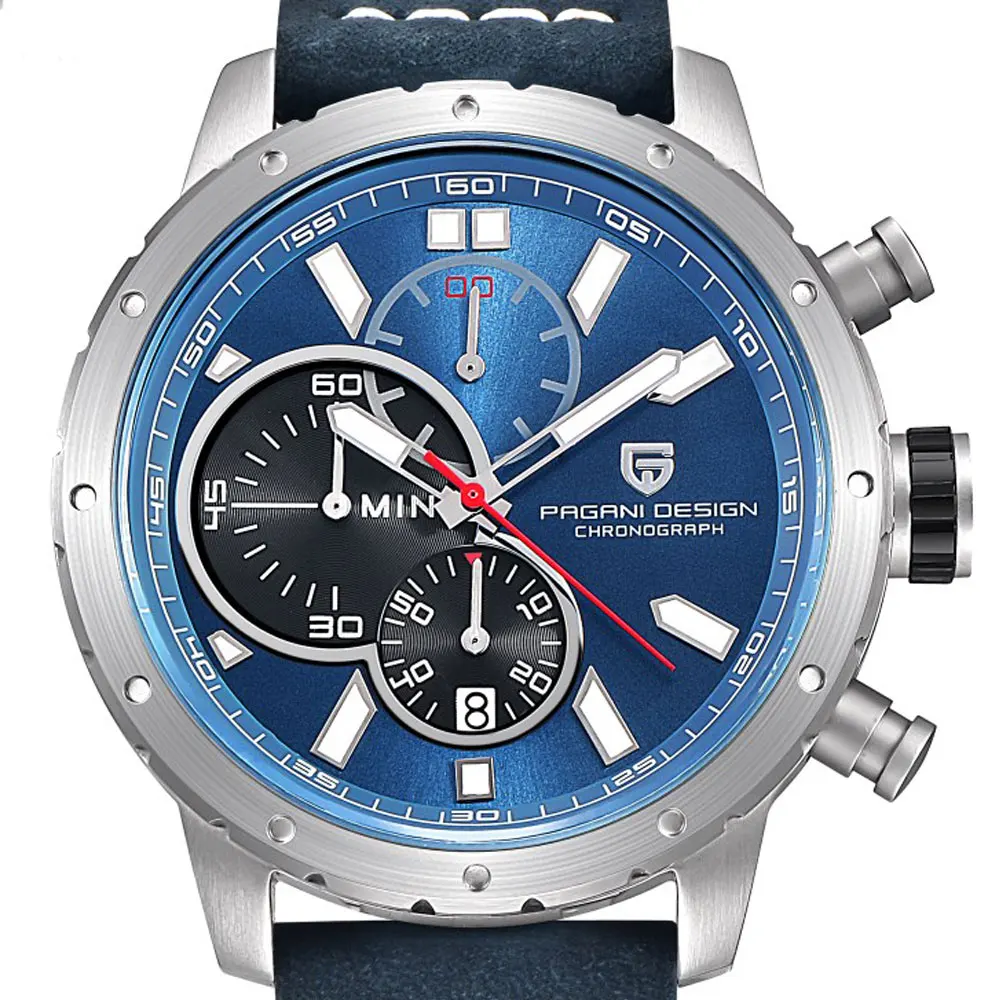 Часы Pagani design мужские с синим циферблатом Кварцевые спортивные хронографом и