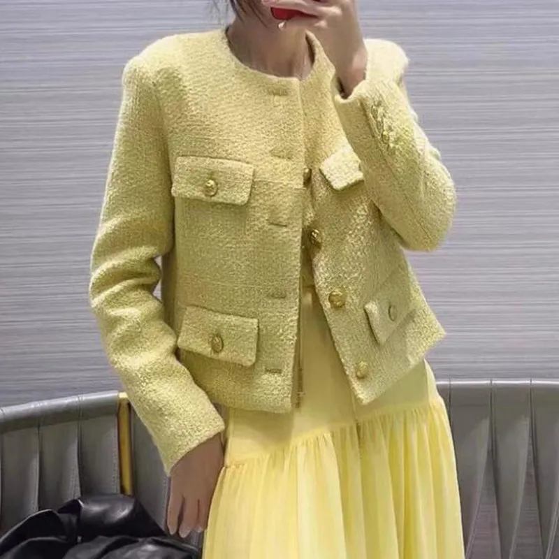 

ZAWFL Chic Houndstooth Cropped Jacket Womens Vintage Tweed Cardigan Coat Elegant Ladies Long Sleeve Korean Short Tops