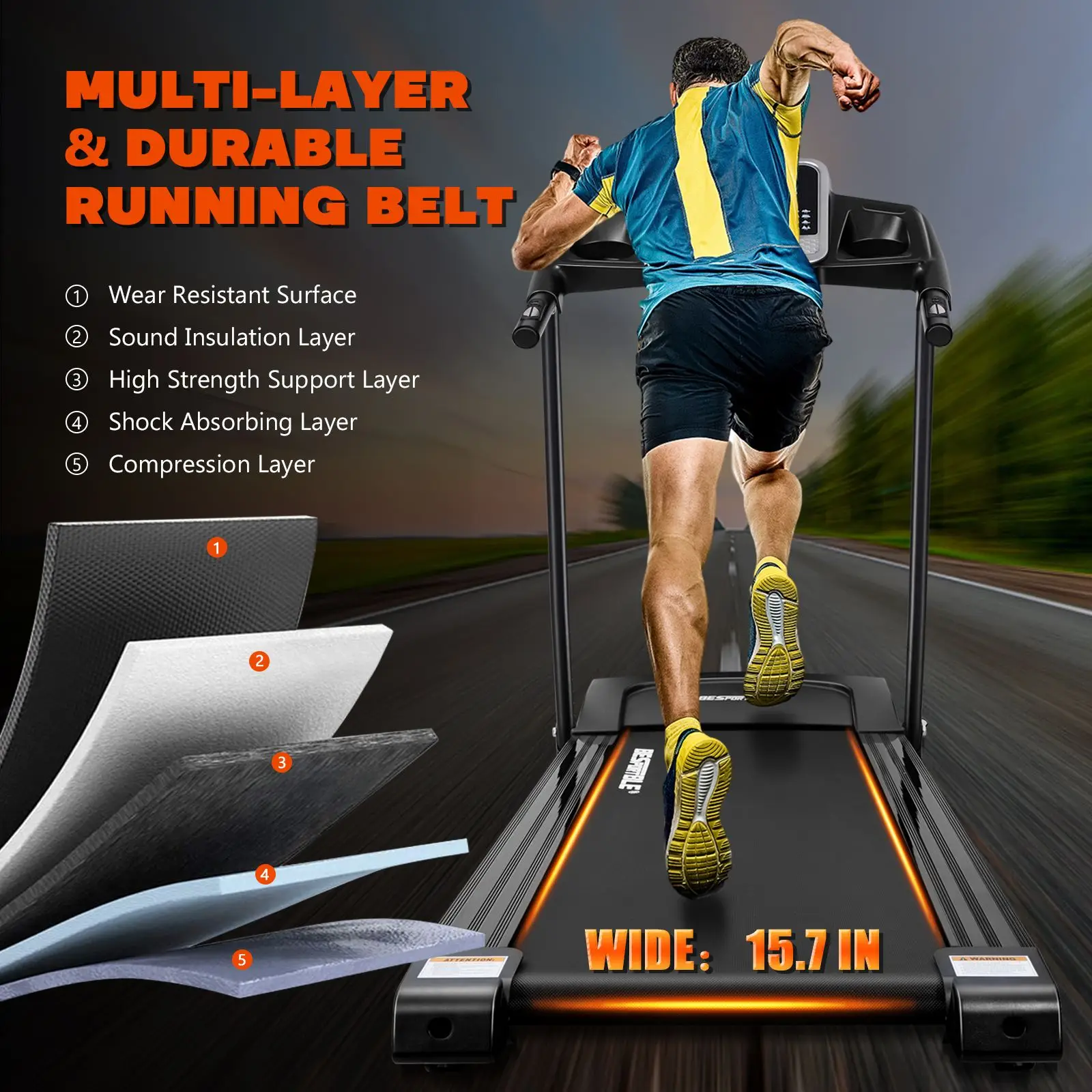 

Folding Treadmill 2.0HP Electric 15.7" Wide Running Belt with Bottle Device Holder Easy Assembly 16 Built-in Programs Treadmill
