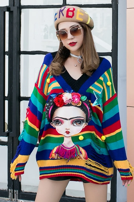 

Thailand tide brand rainbow sweater female heavy industry sequined V-neck patch lazy style European pullover sweater autumn