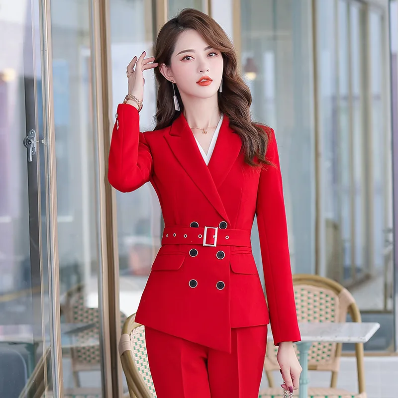 IZICFLY New Spring Fall Red White Career Woman Suits With Pant Two Piece Belt Ladies Elegant Business Blazer Set Work Wear