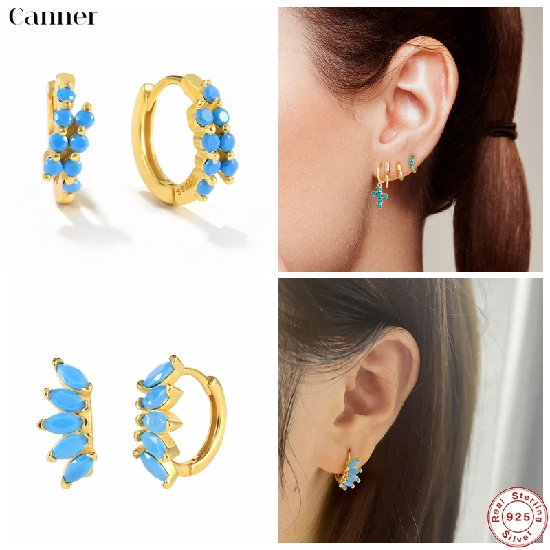 

Canner Luxury 925 Sterling Silver Turquoise Hoop Earrings for Women Zircon Earings Huggie Earings Glossy Pendientes Fine Jewelry