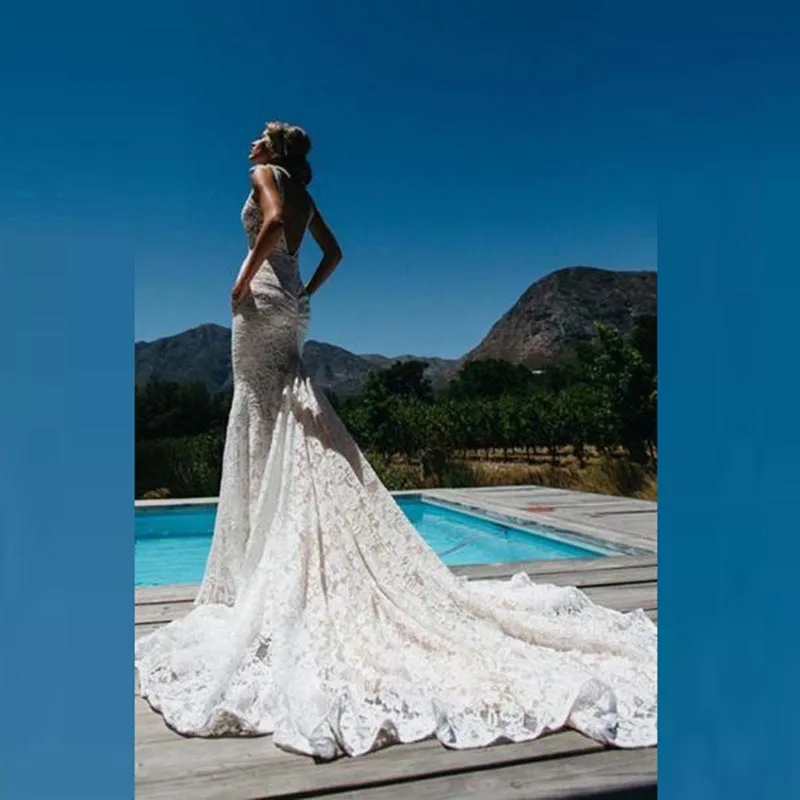 

Hot Sale Elegant White Lace Mermaid Plunge V Neckline Bridal Wedding Gowns Sexy Backless Wedding Dress for Bride with Pocket