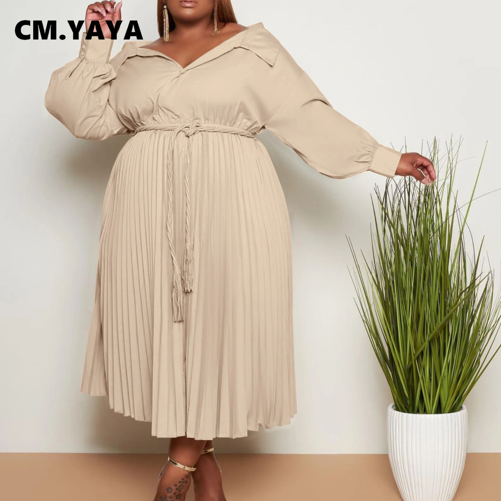 

Женское Плиссированное Платье Макси CM.YAYA, длинное платье с длинным рукавом и отложным воротником, большие размеры, Осень-зима