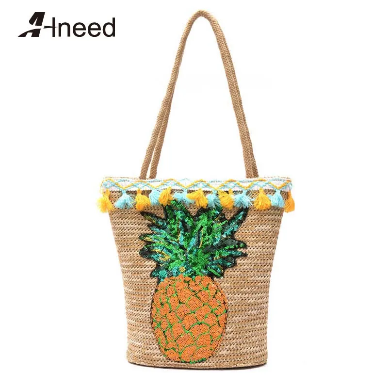 Женская Соломенная Сумка Alneed расшитая блестками сумка с изображением ананаса