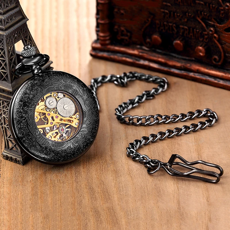 Roman Numeral Black Gold Mechanical Pocket Watch Antique Gear Skeleton Case Dial Male Fob Chain Clock for Men Women Dropshipping