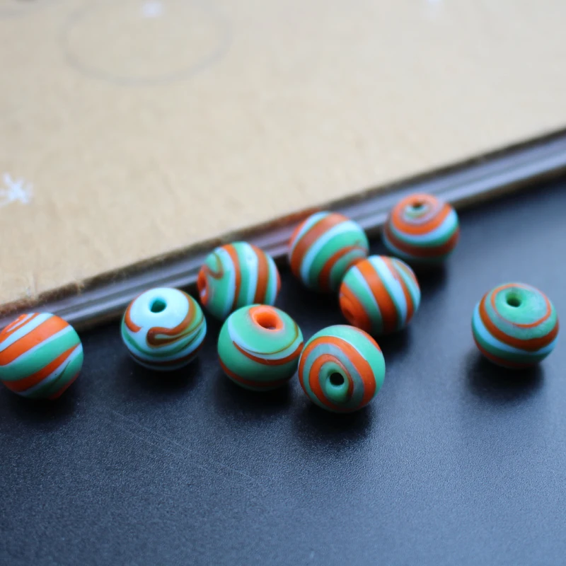 

10Pcs 12mm Handmade Glass lampwork beads Green blue Orange stripes for jewelry Bracelet Necklace making Wholesale and Retail