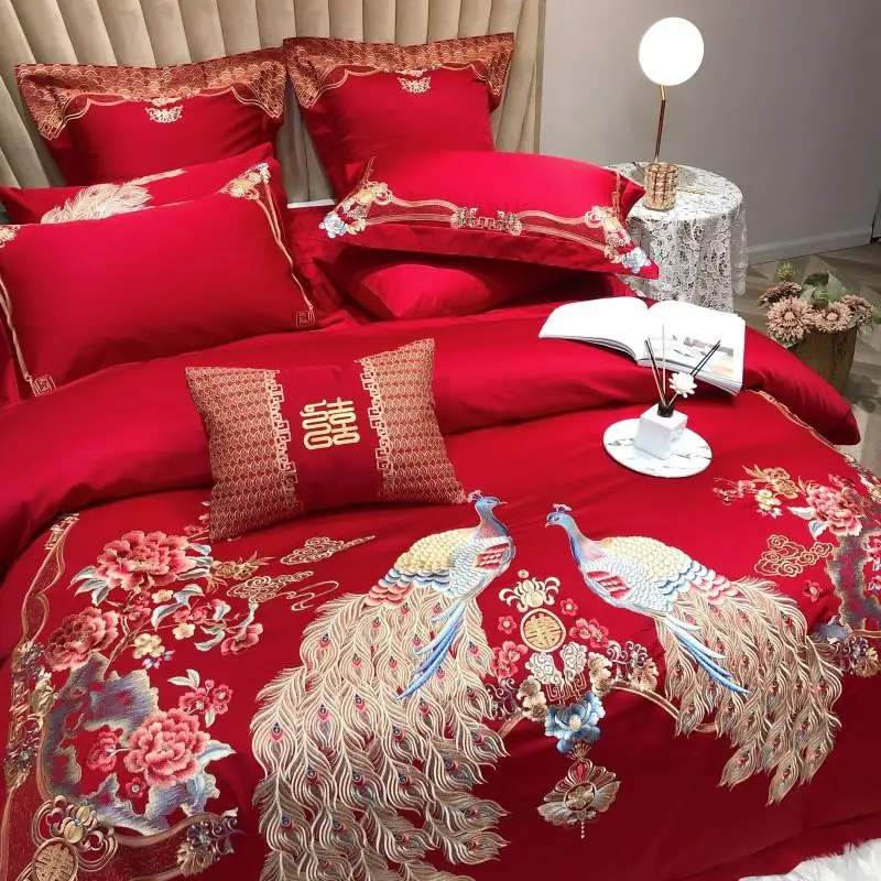 

100S Wedding Red Bedding Set Peacock blessing bed linen embroidery Bed Set Long-staple cotton Duvet Cover Queen King size Sheet