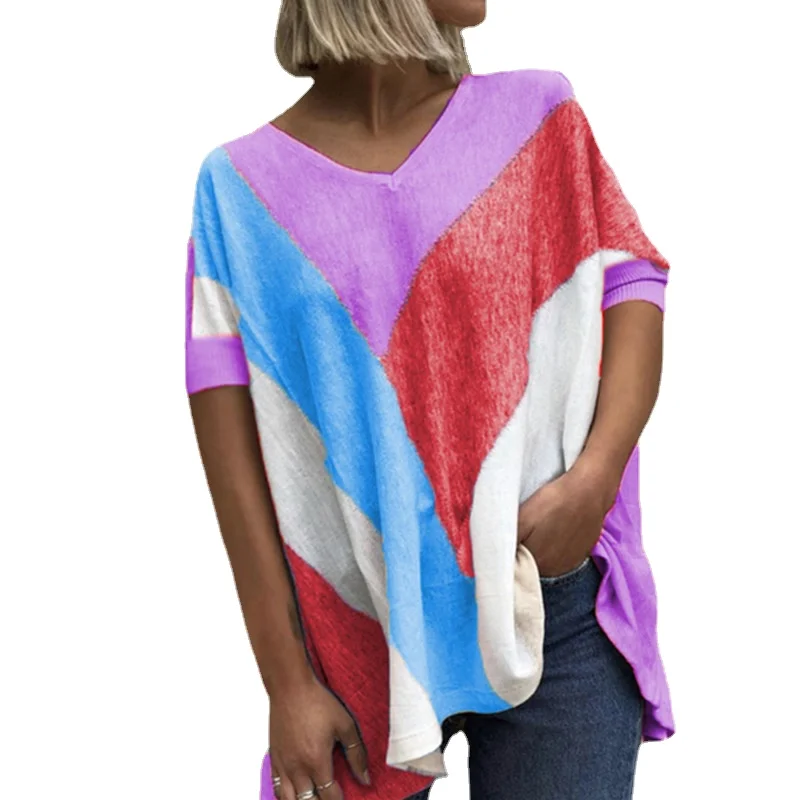 

2021 New Women's V-neck Color Printing T-shirt Loose Casual Women's Shirt