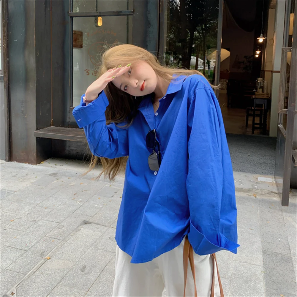 Рубашка HziriP синяя однотонная повседневная осенняя 2021 | Женская одежда