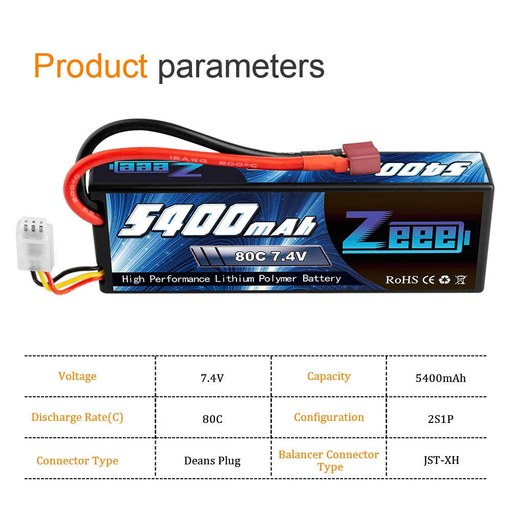 Zeee 5400mAh 80C 2S 7,4 V Lipo батарея в жестком футляре с штекером Deans 2 единицы RC Lipo батарея для RC автомобиля лодки грузовика вертолета