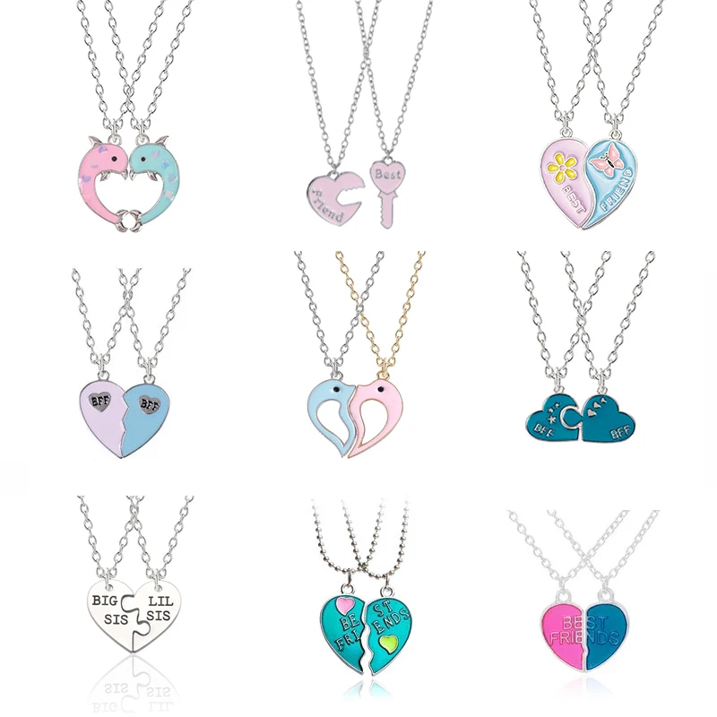 Hot Couple Pink Blue Heart Broken Best Friends Necklace Pendant Chain BFF Friendship Cute Jewelry Gifts For Kids 2PCS/Set