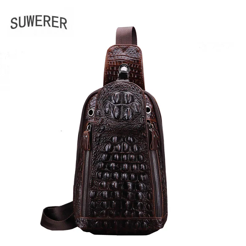 

SUWERER Genuine Leather men bag Chest bag real leather crocodile pattern men's foreskin men's casual crossbody bag