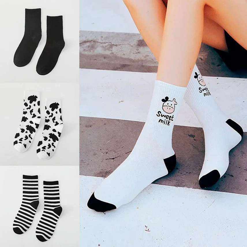 

1 Pair Women Ankle Socks Cow Print Lovely Sock Japanese Style Ladies Sports Skateboard Breathable Kawaii Harajuku Black White