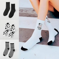 1 pair women ankle socks cow print lovely sock japanese style ladies sports skateboard breathable kawaii harajuku black white