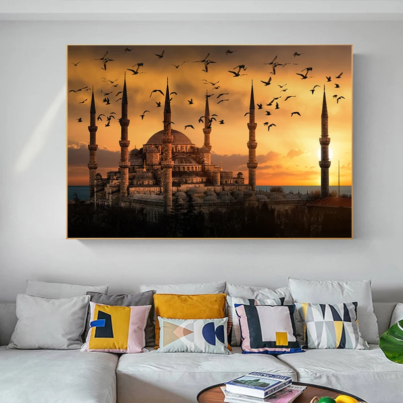 

Blue Mosque Wall Art Canvas Painting Picture Sunse Nordic Poster City Istanbul Landscape Wall Pictures For Living Room Unframed