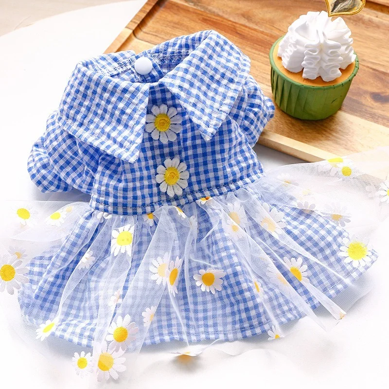 

Daisy Gauze Skirt Dog Clothes Plaid Dress Dogs Clothing Pet Outfits Cute Spring Summer Yorkies Print Blue Girl Ropa Para Perro