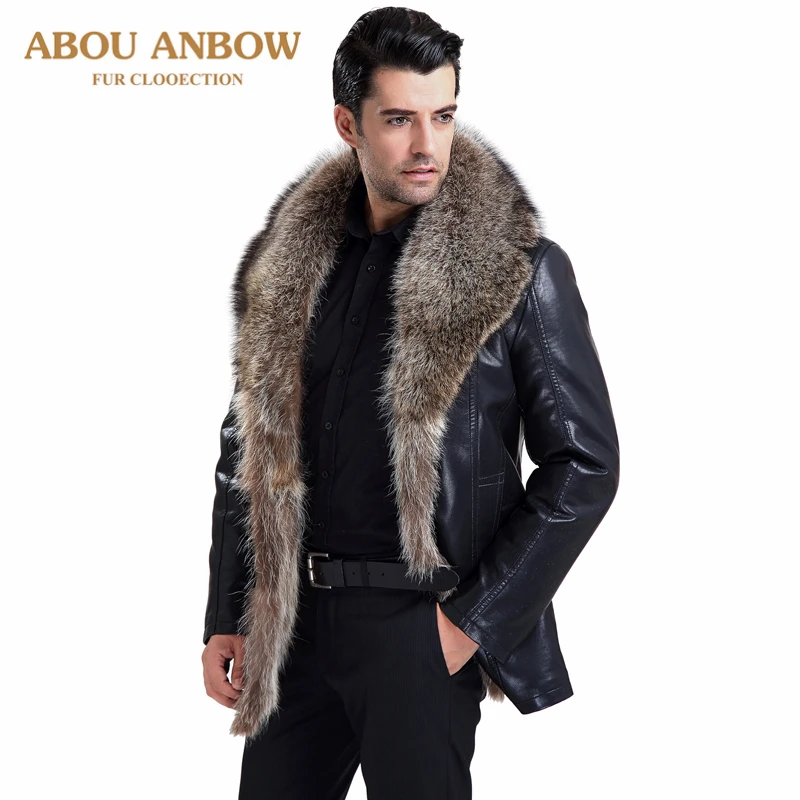 Мужская кожаная куртка на подкладке из натурального меха енота|Куртки
