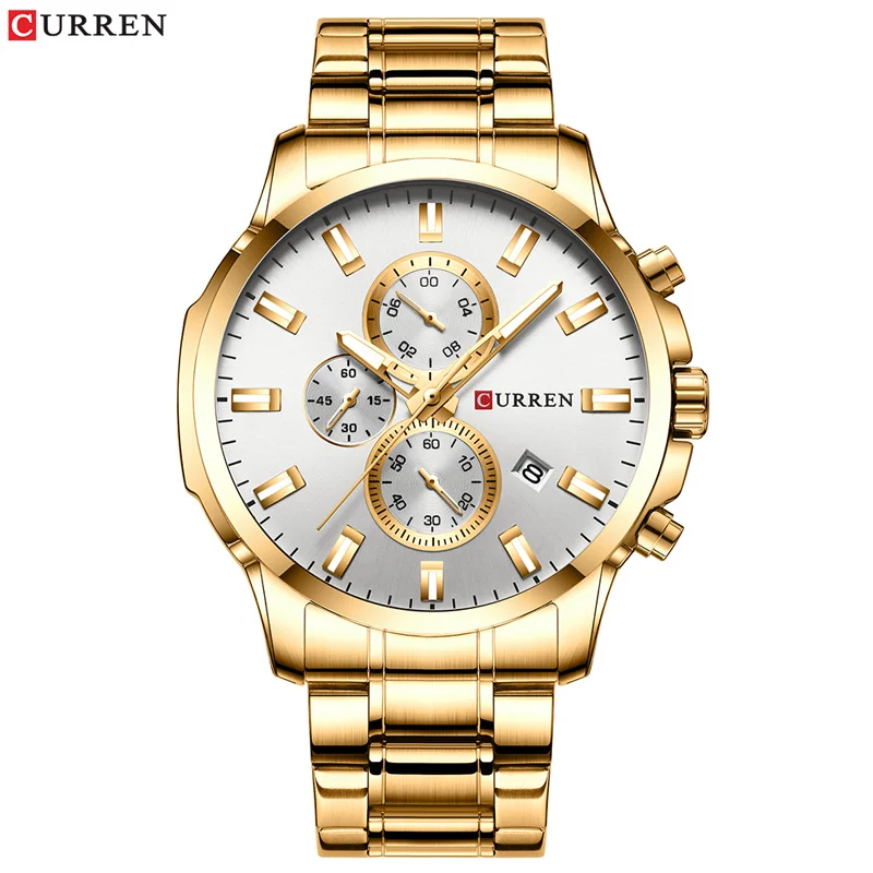 gold white Новинка CURREN классические спортивные черные мужские часы, хронограф из нержавеющей стали Мужские кварцевые часы наручные часы светящиеся руки Reloj Hombre - Цвет: gold white