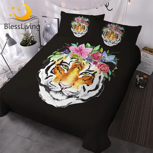 BlessLiving Watercolor Tiger Bed Set Flower Wreath Duvet Cover Teens Kids Wild Animal Bedding Set for Adults Black Bedclothes 1