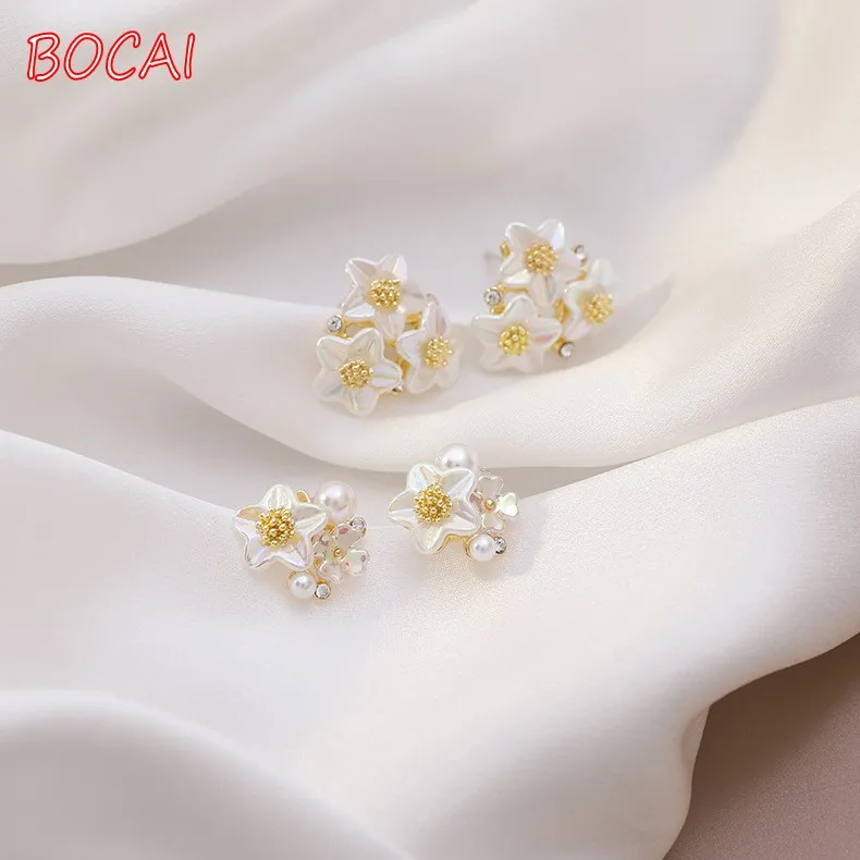 

New trendy niche simple flower pearl 925 silver earrings