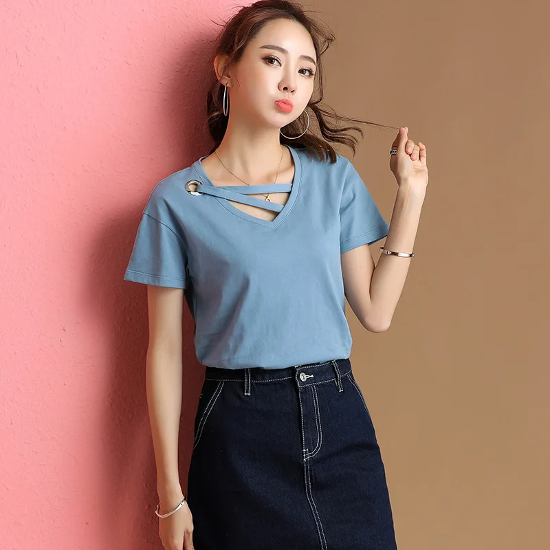 

2019 fashion customized Personalized v-neck design logo text Photo printed of women's short t-shirts top