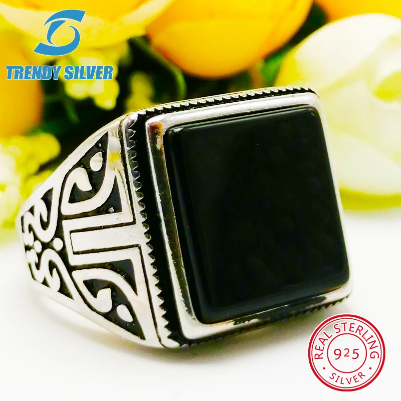 

silver 925 fine jewelry man rings men accessories turquoise gemstone natural black onyx agate wholesale TRENDY SILVER