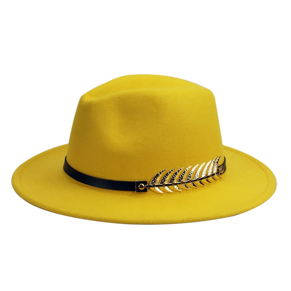 Yellow trilby hat Зимняя фетровая шляпа с металлическим поясом, Женская фетровая шляпа с широкими полями, мужская фетровая шляпа, фетровая шляпа, Панама, кепки, винтажная верхняя шляпа, женская шапка YY18001 - Цвет: Yellow trilby hat