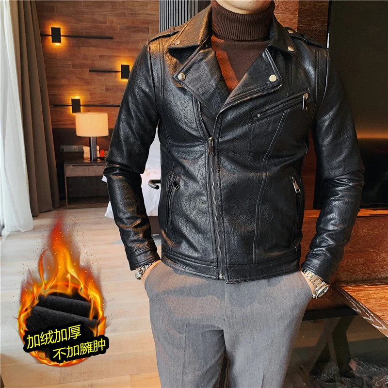 

Autumn Winter Men's Leather Jackets Plus Velvet Thickened Motorcycle Jacket Windproof Streetwear Man Social Casual Biker PU Coat