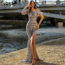 LORIE Shining Beaded Mermaid Sequined Evening Dresses One Shoulder Long Sleeves Side Split Formal Prom Gowns Feather Plus Size (2)