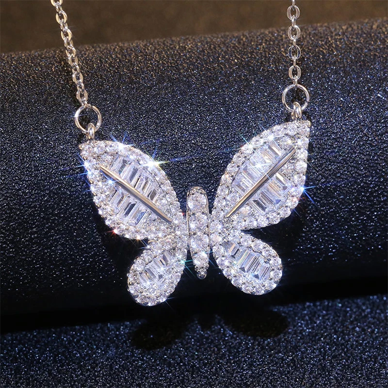 

S925 Silver Shiny Big Butterfly Necklace Women AAA Zircon Luxury Romantic Wedding Bridal Jewelry Accessories Pendant