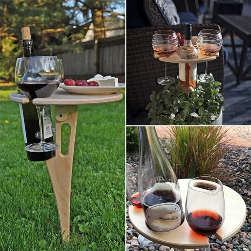 

Big deal Outdoor Wine Table with Foldable Round Desktop Mini Wooden Picnic Table Easy to Carry Wine Rack Support